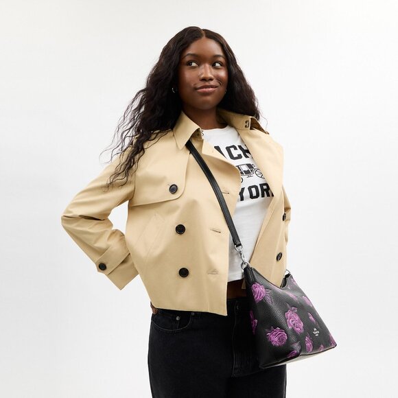 Laurel Shoulder Bag With Floral Print  CCE26 Black Purple Authentic - Picture 16 of 16